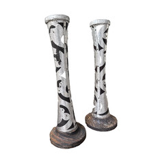 Set 2 Handmade Wood Silver Metal Candle Sticks Holders Boho Ethnic Artwork Pair picture