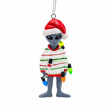 Gray Alien in Ugly Christmas Sweater Party Wrapped in Lights Santa Ornament picture