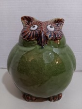 CERAMIC OWL FIGURINE STONE - Green With Brown Around Eyes picture