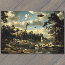 POSTCARD Long Neck Dinosaurs Watch Flying Saucers Sky Over Mountain Trees  UFO picture
