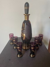 Vintage Bohemia Czech Smoke Glass Gold Gilt Decanter Set – 6 Glasses picture
