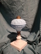 Antique 1850s Boston Sandwich Blue & Alabaster Whale Oil Lamp Paneled Arches picture
