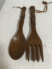 VTG Hand Carved Tiki Totem Handles  Leather Strap Spoon & Fork Wall Hanging Deco picture