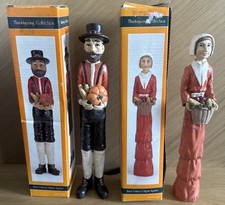 Pair Hand Painted 10” Pilgrim Figurine Thanksgiving Collection Three Hands Corp picture