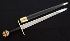 31” Knights Templar Sword Brass Ornate Leather Wrap Sheath Full Tang Double Edge picture