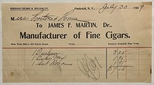 1909 JAMES F. MARTIN FINE CIGARS MANUFACTURER VINTAGE RECEIPT PEEKSKILL NEW YORK picture