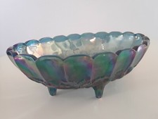 Vintage Indiana Iridescent Carnival Glass Blue Harvest Grape Footed Fruit Bowl picture