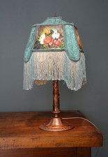 Antique Victorian Table Lamp Vintage Light Reverse Painted Roses Fringe Floral picture