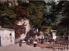 France, Pyrenees. Lourdes. La grotte de Notre-Dame.  vintage photochrome print picture