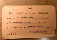1908 BALTIMORE & OHIO RAILROAD (B&O) EMPLOYEE BUILDING PASS - HH55 picture