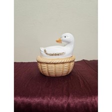 Vintage 1984 Enesco Ceramic Duck Nest Covered Dish with Tan Wicker Basket picture