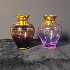 Vecchia Murano Amethyst Purple Ombré Glass Vase Pair 5in Gold Gilt Lot of 2 picture
