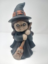 Vintage Dona Halloween Ceramic Witch Girl with Broom figurine Creepy Spooky Eyes picture