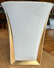 White Porcelain Vase Gold Trim Sleek Mid-Century  picture