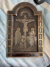 Antique French PN Signed Crucifixion Religious Metal Plaque Easel 8” France picture