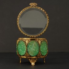 Vintage Stylebuilt Jade Art Glass Gilt Ormolu Style Jewelry Casket Box 1960s picture