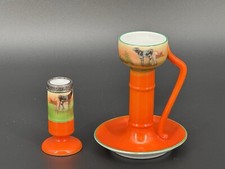 Vtg Royal Bayreuth Orange Porcelain Cow Theme Candlestick &Bud Vase Sterling Rim picture