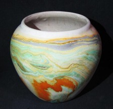 Vintage Marked Nemadji Pottery Swirl Design Clay Planter Vase w Glazed Interior picture