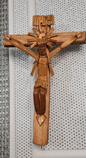 Vintage Mexican Folk Art Woven Straw Crucifix Wood Wall Cross Jesus picture
