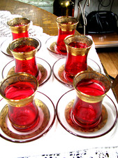 Vint Pasabahce,Istanbul 24K Gold & Cranberry Glass Tea, Coffee, Drink Set*SALE* picture