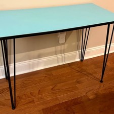 1950s MCM AQUA BLUE LAMINATE KITCHEN TABLE w/ HAIRPIN LEGS (21”Wx41”Lx29