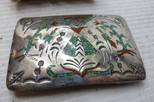 Large Vintage Navajo Sterling Silver & Inlaid Turquoise Belt Buckle   Signed picture