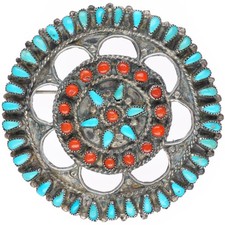 1940's-50's vintage Zuni sterling silver petit point turquoise/coral pin Pendant picture
