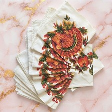 Vtg Set 12 Thanksgiving Autumn Napkins Lightweight Fabric Harvest Table Linens picture