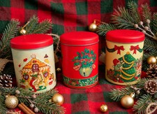 1980s Vintage lot 3 Christmas Tin Holly Jingle Bell,TREE, GINGER COOKIE Canister picture