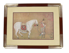 (2) Vintage Han Kan A Tribute of Horses Framed Chinese Silk Lithographs Print picture