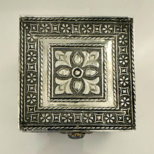 Silver Tone Embossed Square Metal Trinket Box w/ Latch, Hinged Lid, jewelry box picture