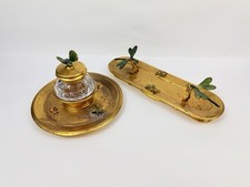 Antique Art Nouveau Gilt Metal Inkwell Pen Tray Set Dragonfly Beetle Insects picture