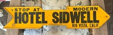Rare  Original 1930s Hotel Sidwell, Rio Vista, Calif. Tin Arrow Sign. 6x27 picture