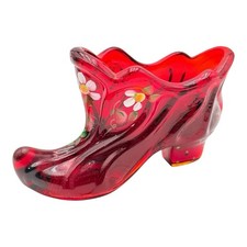 Fenton Glass Hand Painted S Miller 40th Anniversary Shoe Slipper Amberina Floral picture