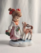 Vintage Lefton China Hand Painted Porcelain Girl w/ Fawn Figurine 1970's #03643 picture