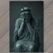 POSTCARD Statue of Liberty Hands Over Face Emotional Icon Unique USA Sad Scared picture