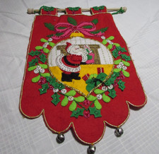 VTG Bucilla Felt Sequin Santa Claus Christmas Banner Santa Chimney Jingle Bells picture