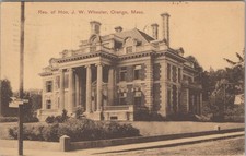 Residence Of Hon J W Wheeler Orange MA 1909 Mansion Portico Postcard picture