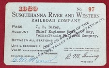 1929 Susquehanna River & Western Railroad Annual Pass (Perry County PA RR) picture