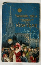 Vintage New Year Postcard Town Revellers Blowing Horns at Midnight Antique PC10 picture