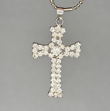 Sparkling Silvertone Openwork Crystal Rhinestone Cross Pendant Necklace picture