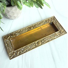 Vintage Solid Brass Chinese Dragon Relief Rectangular Desk Tray Pen Holder picture