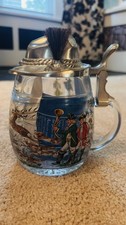 Vintage BMF German 0.5L Glass Beer Stein Pewter Hunter Hat Lid Hunting Scene picture