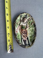 antique enamel Ferrum  folk art primitive cast iron tray Unusual Piece picture