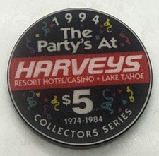 Harvey’s $5 Casino Chip Lake Tahoe Nevada Wagon Wheel Saloon 1974-1984 1994 picture