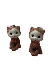 Vintage Salt & Pepper Shakers Kitty Cat Brown Pink Flower Made in Korea 2
