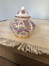 Ceramic Greek Small Lidded Solid Perfume Pot. Peacock Pattern Made In Greece picture