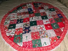Vintage Handmade Patchwork Quilted Large Christmas Tree Skirt, 48 Inch Round. picture