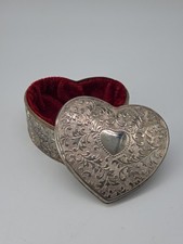 ​Vintage Ornate Heart Trinket Box Silver Tone Repousse Red Velvet Lined picture