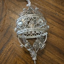 Vintage Silver Filigree Jeweled Christmas Ornament 8”x2.5” Holiday Lane Macys picture